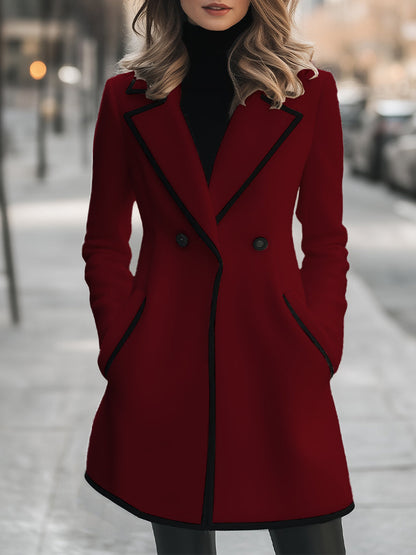 Double breasted coat for women with contrast trim and lapel collar