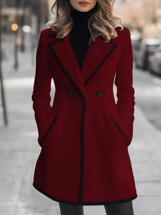 Double breasted coat for women with contrast trim and lapel collar