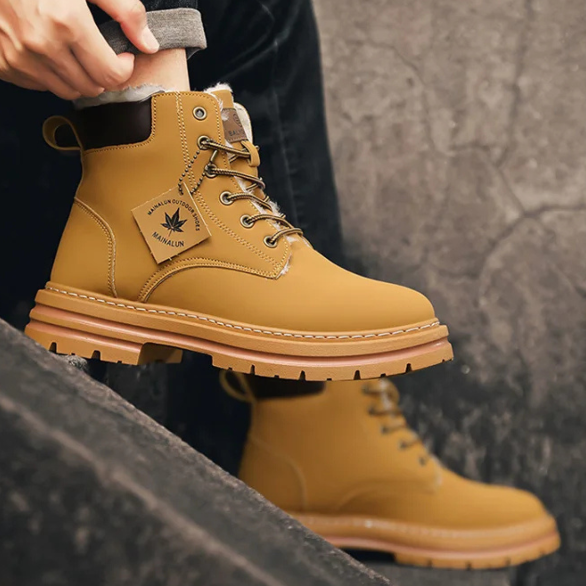 Men's boots with chunky lug sole, lace up ankle work boots
