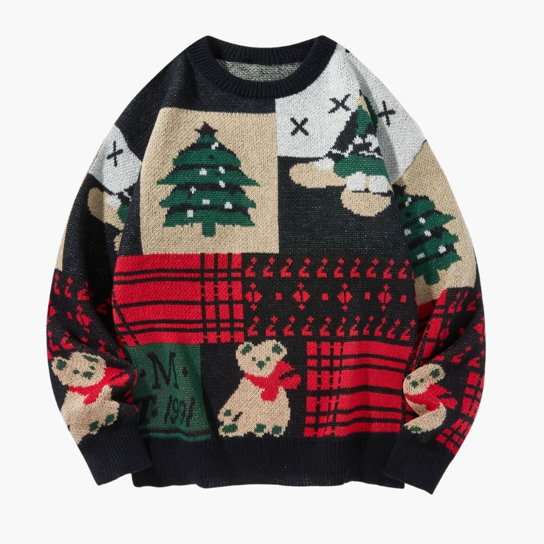 Ugly Christmas sweater with bear and tree pattern, crew neck knit