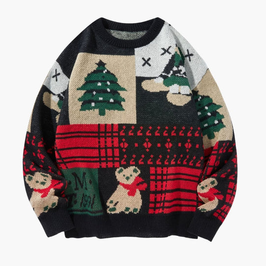 Ugly Christmas sweater with bear and tree pattern, crew neck knit