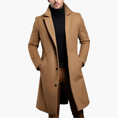 Single breasted long coat for men with notch lapel collar