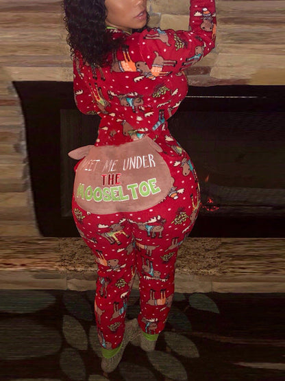 Christmas pajamas onesie with zip front and back flap for women
