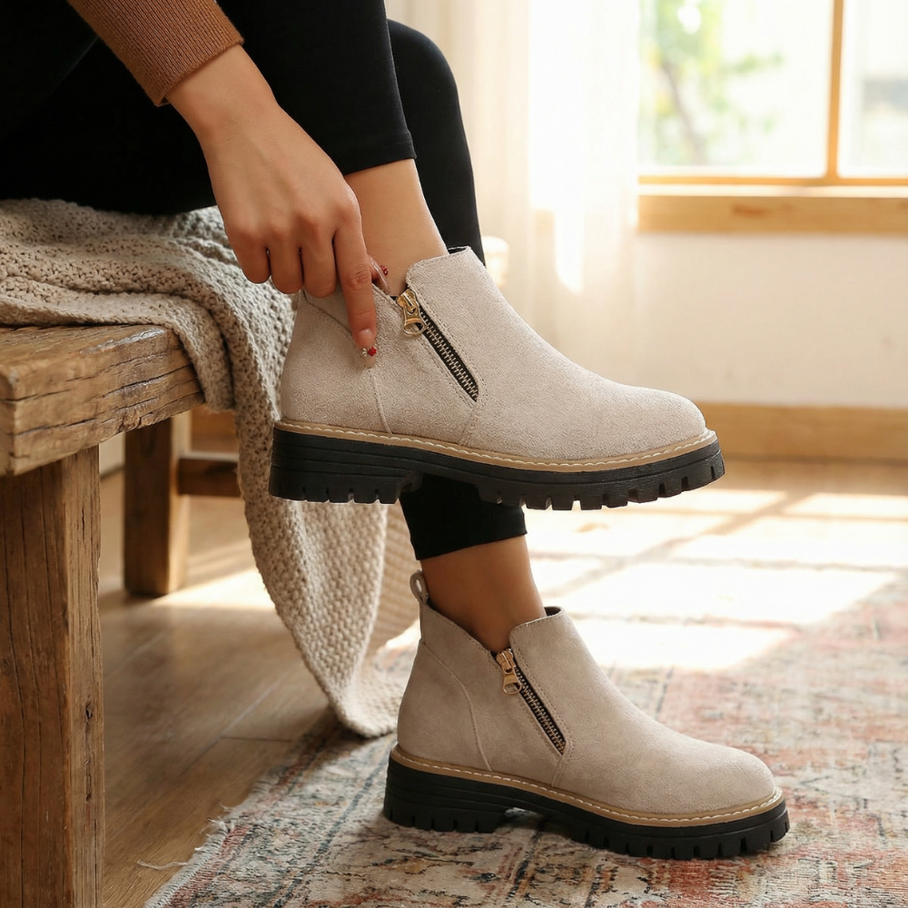 Chelsea boots for women with side zip, round toe and back pull tab