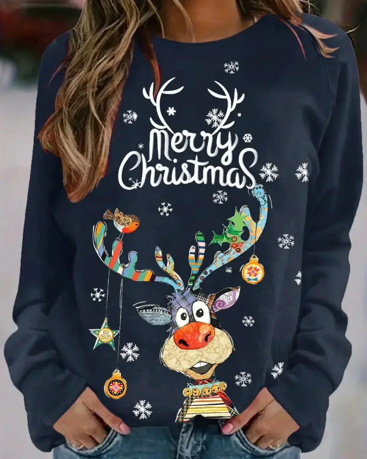 Womens christmas sweater with Merry Christmas slogan, reindeer print and ribbed hem