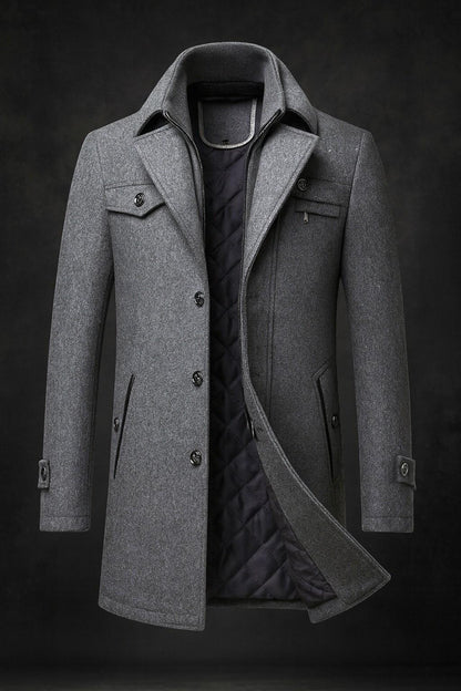 Men's single breasted coat with removable collar layer and quilted lining