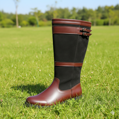Knee high boots for women with double buckle straps, panelled upper and round toe