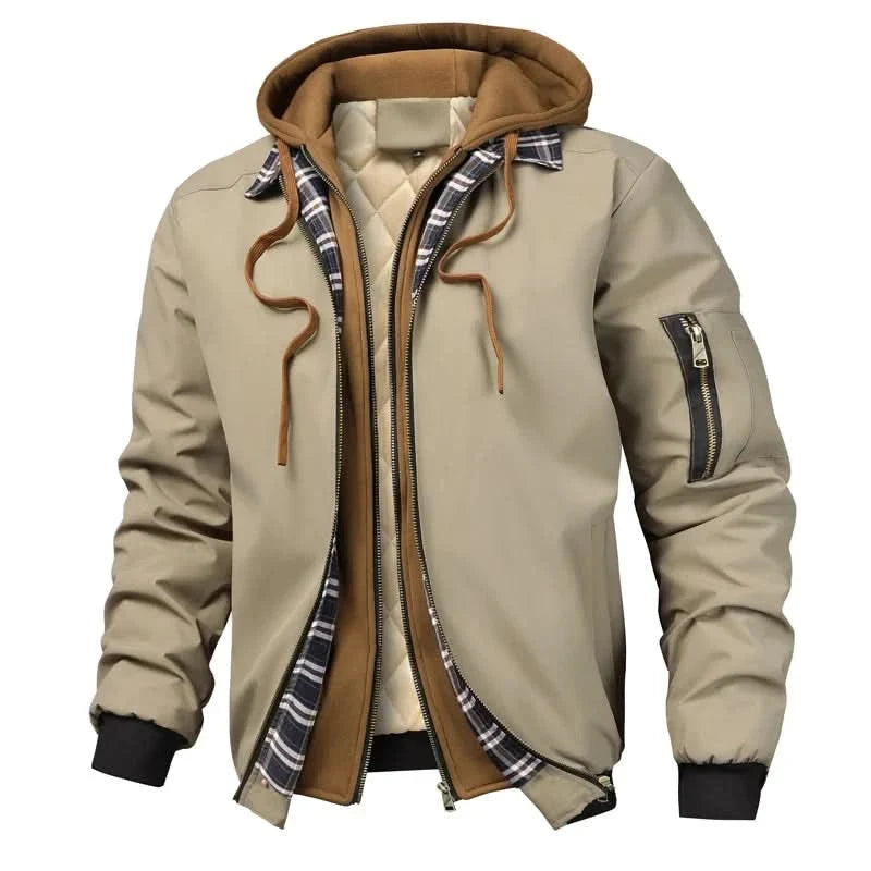 Hooded bomber jacket for men with plaid collar and sleeve pocket