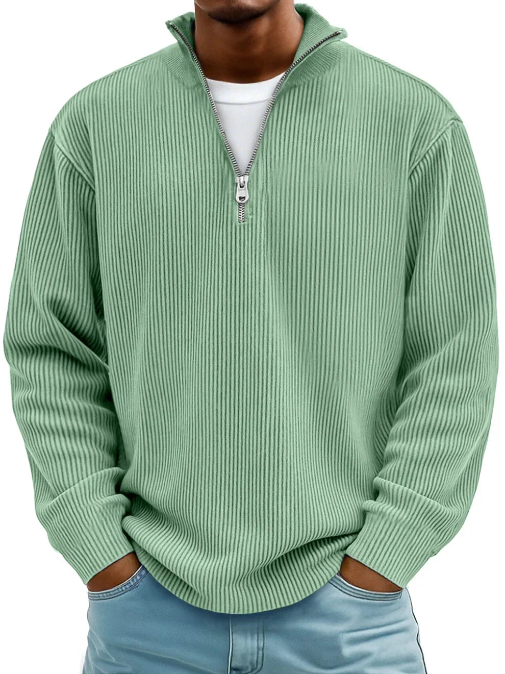 Quarter zip sweater for men with ribbed knit and stand collar