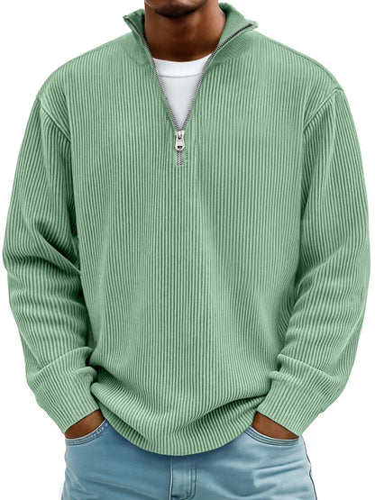 Quarter zip sweater for men with ribbed knit and stand collar
