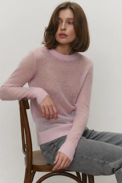 Women's sweaters, sheer crew neck pullover with long sleeves