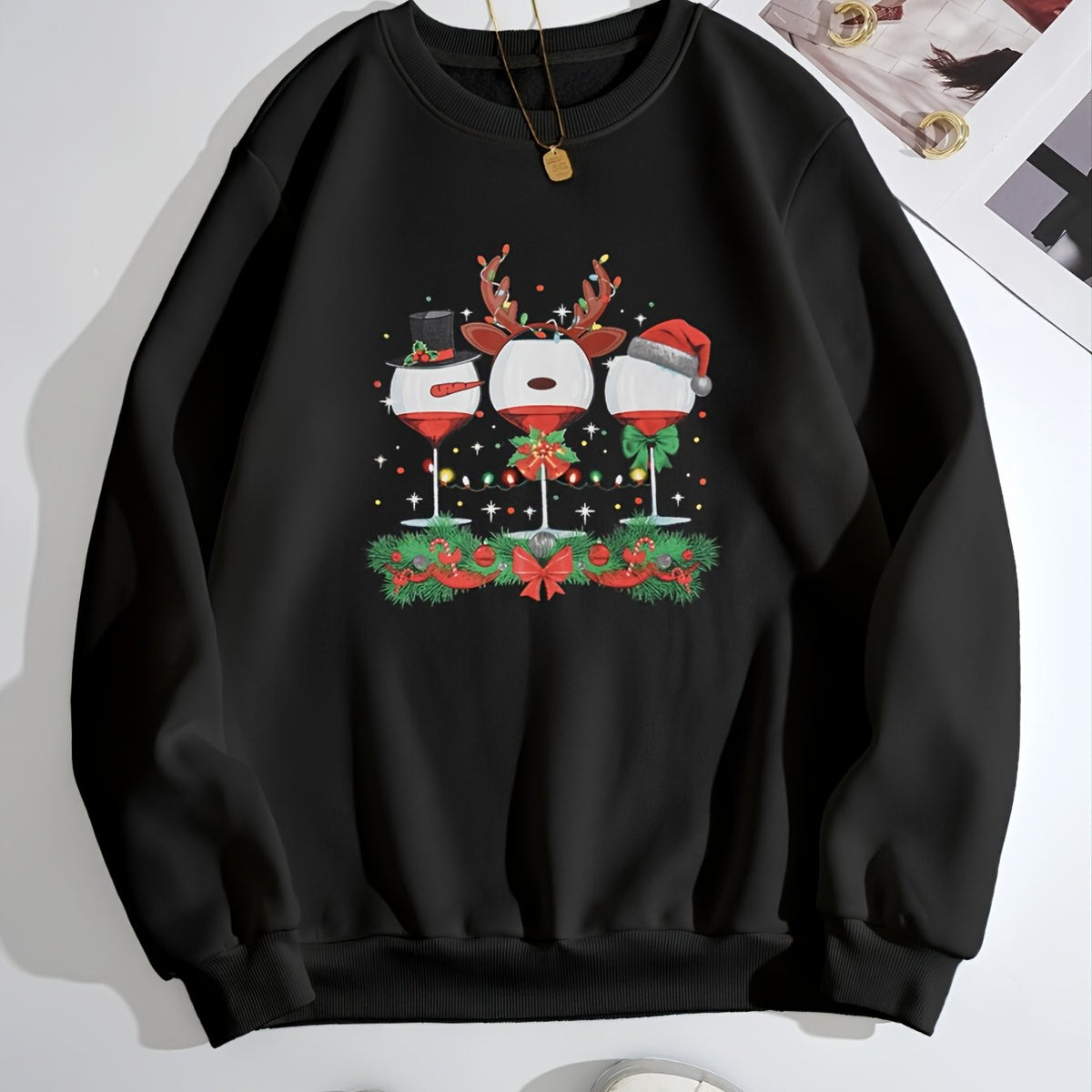 Womens Christmas sweater crew neck sweatshirt with wine glass print