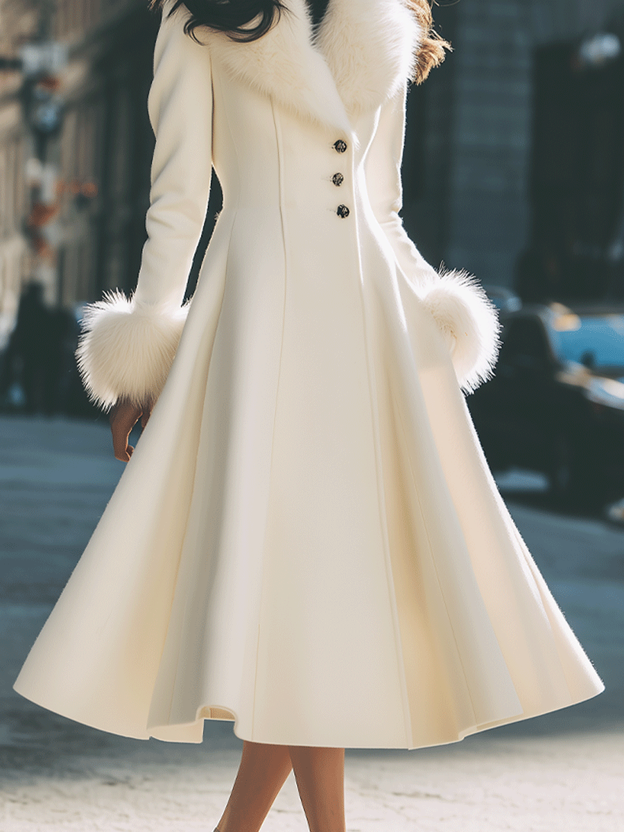 Coat for women with faux fur collar and cuffs, fit and flare