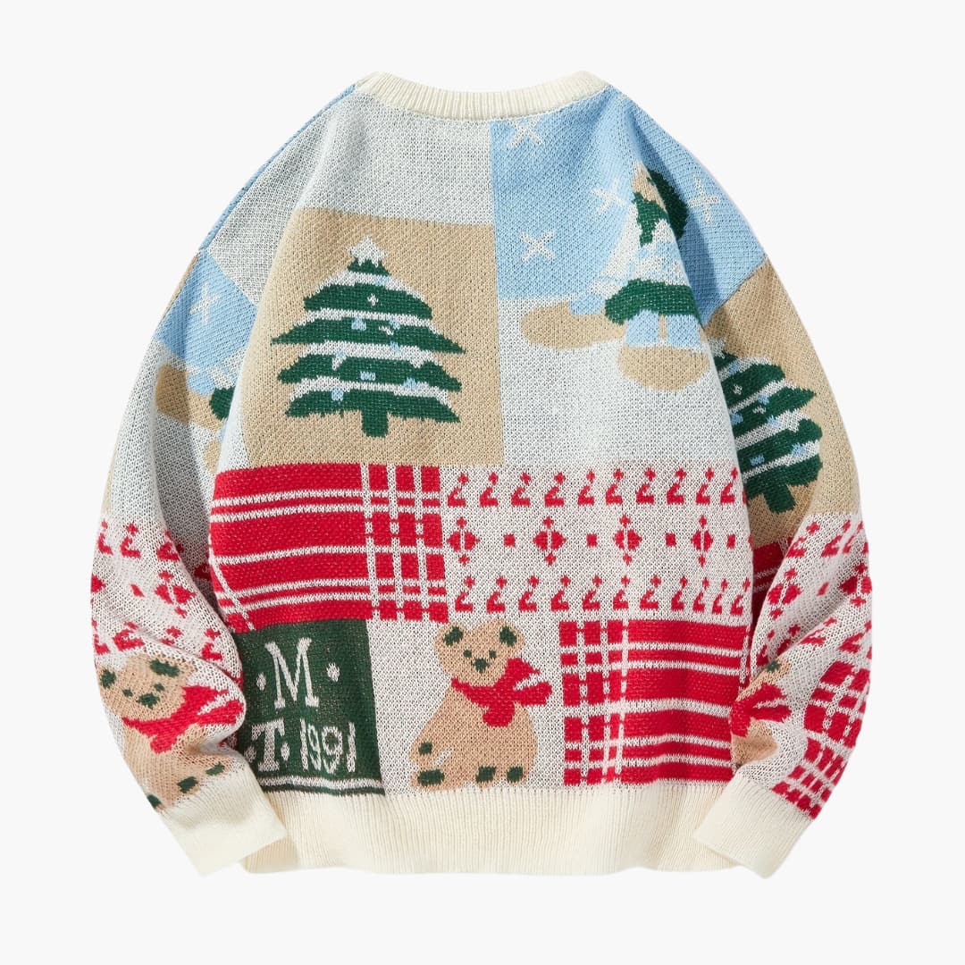 Ugly Christmas sweater with bear and tree pattern, crew neck knit