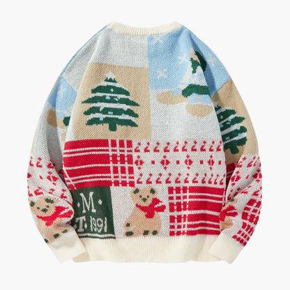 Ugly Christmas sweater with bear and tree pattern, crew neck knit
