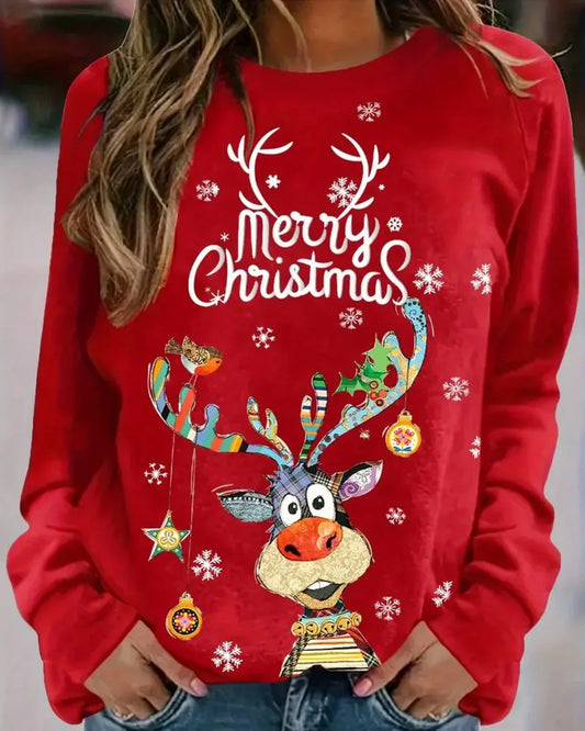 Womens christmas sweater with Merry Christmas slogan, reindeer print and ribbed hem