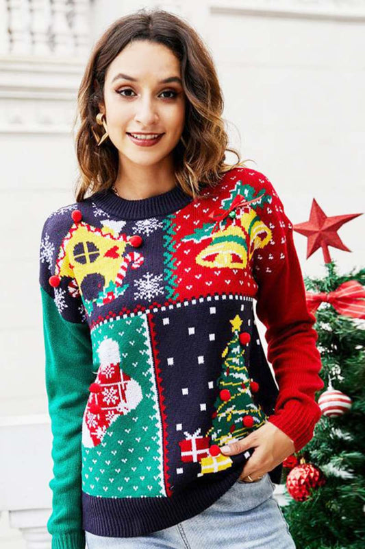Womens Christmas sweater with pom poms, crew neck long sleeve pullover