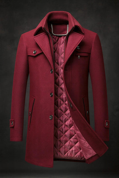 Men's single breasted coat with removable collar layer and quilted lining