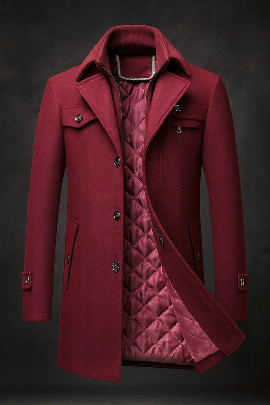 Men's single breasted coat with removable collar layer and quilted lining