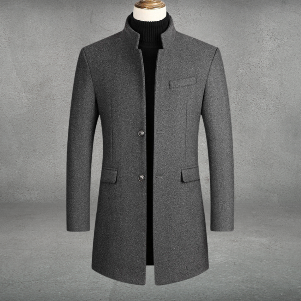 Stand collar coat for men with button front and flap pockets