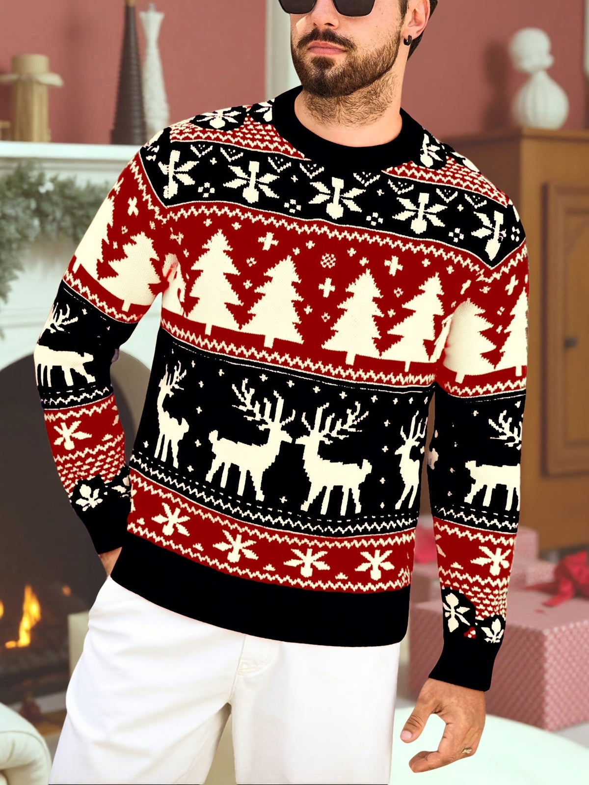 Men's ugly christmas sweater with crew neck and reindeer pattern