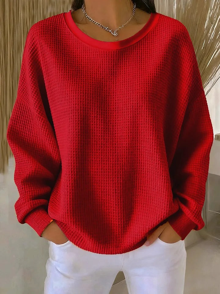 Women's sweaters, waffle knit crew neck pullover with long sleeves