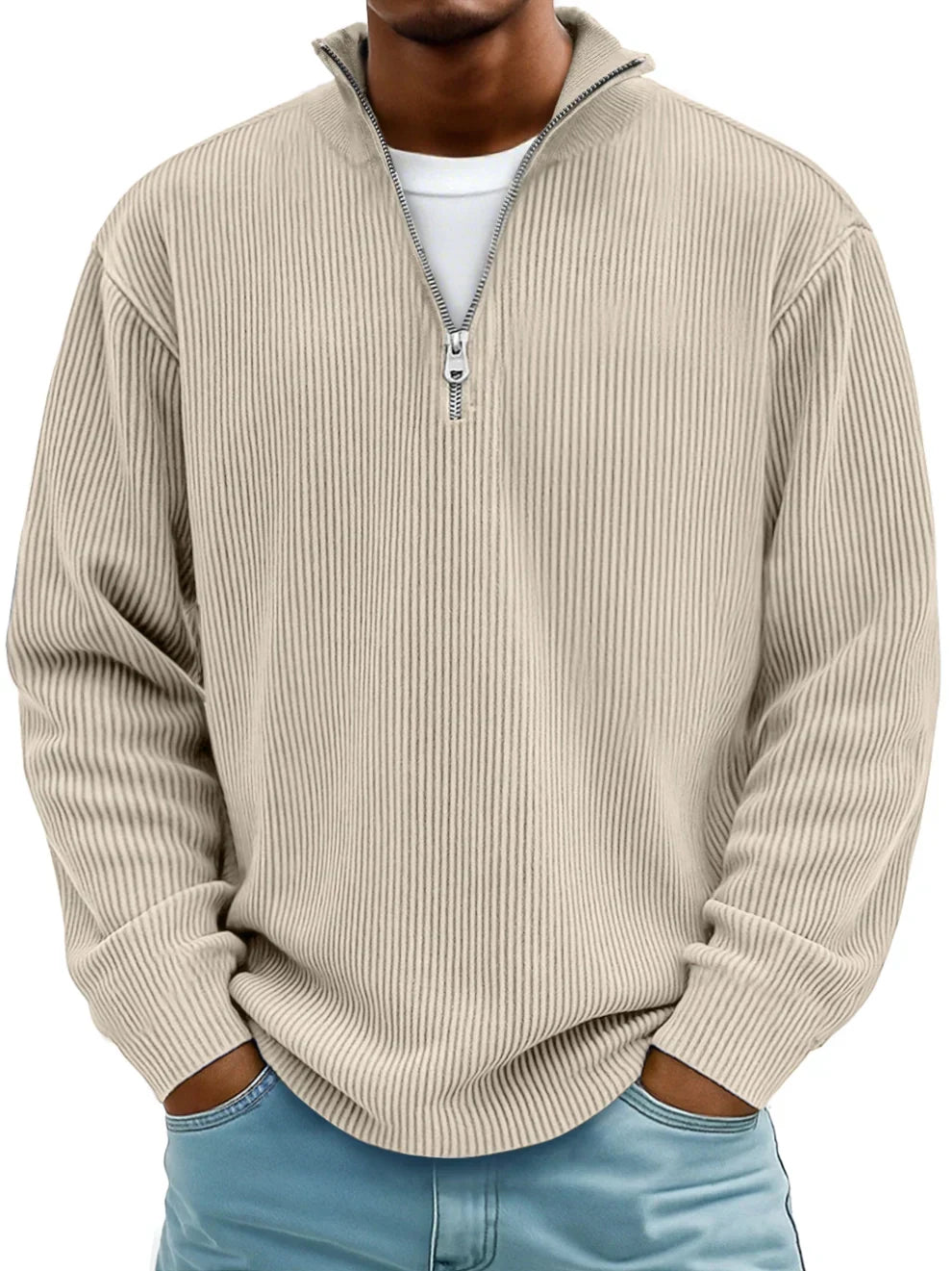 Quarter zip sweater for men with ribbed knit and stand collar