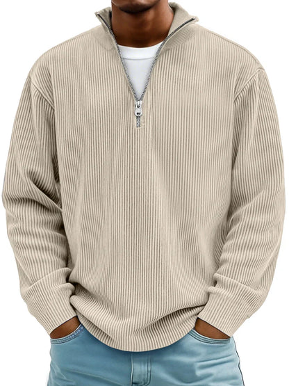 Quarter zip sweater for men with ribbed knit and stand collar