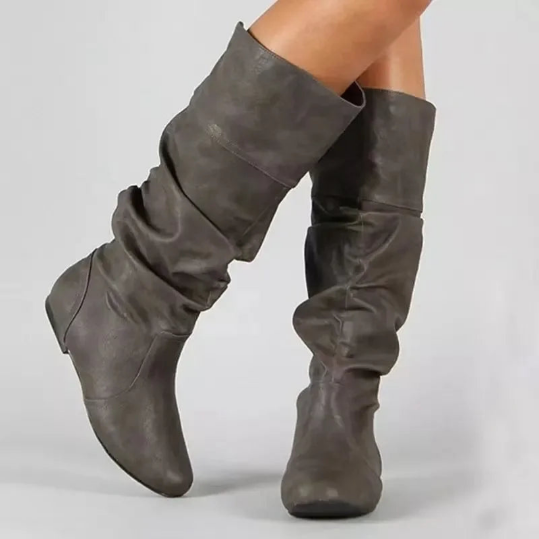 Knee high boots for women, flat slouch boots with round toe