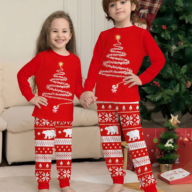 Christmas pajamas matching family set with tree graphic top and Nordic print pants