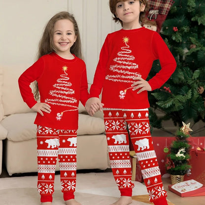 Christmas pajamas matching family set with tree graphic top and Nordic print pants