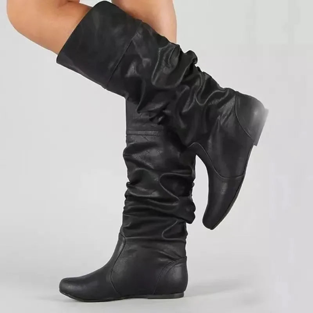Knee high boots for women, flat slouch boots with round toe