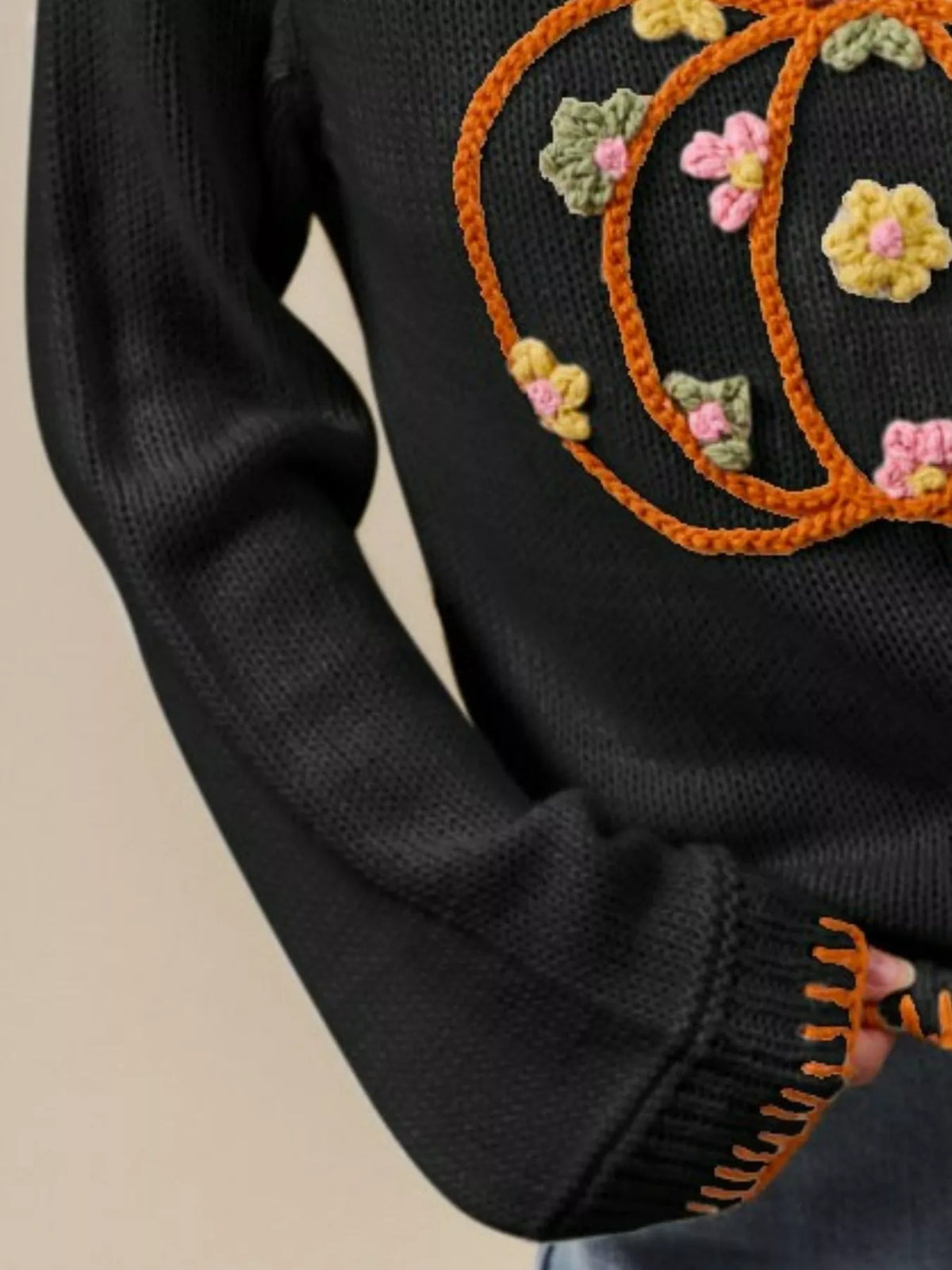 Women's sweaters with pumpkin floral embroidery and round neck
