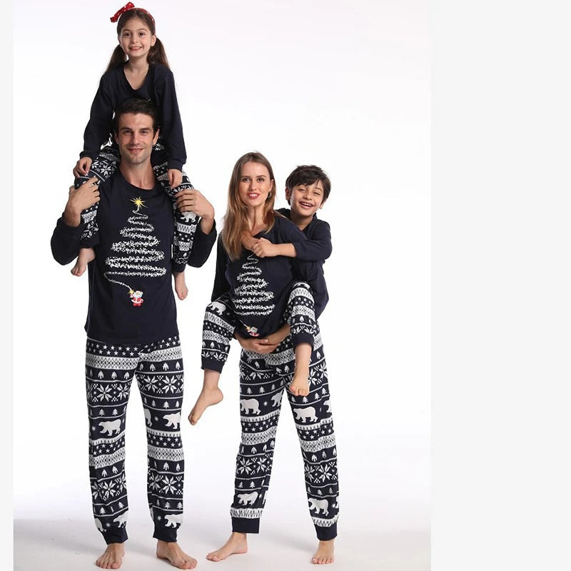 Christmas pajamas matching family set with tree graphic top and Nordic print pants