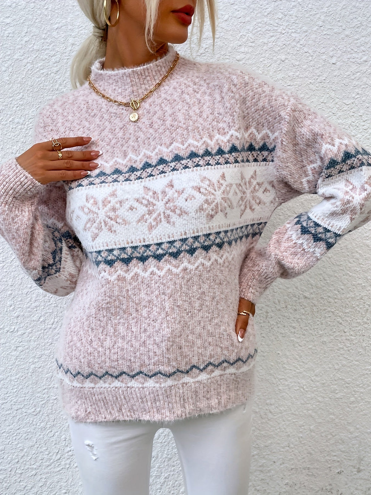 Womens Christmas sweater with snowflake pattern and mock neck