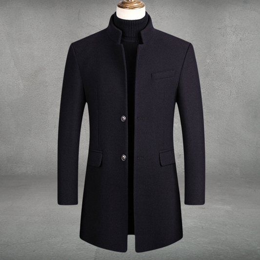 Stand collar coat for men with button front and flap pockets
