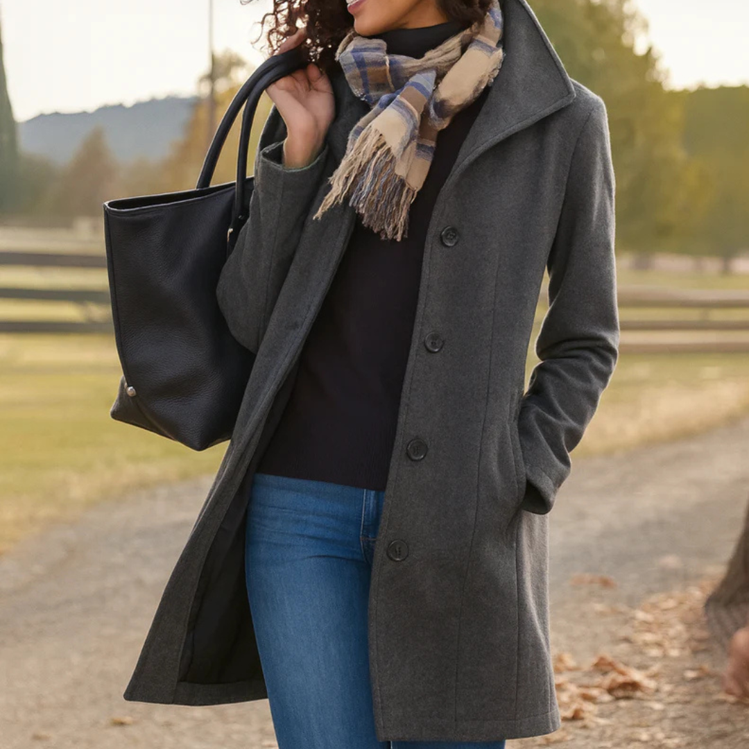 Single breasted coat for women with collar and button front