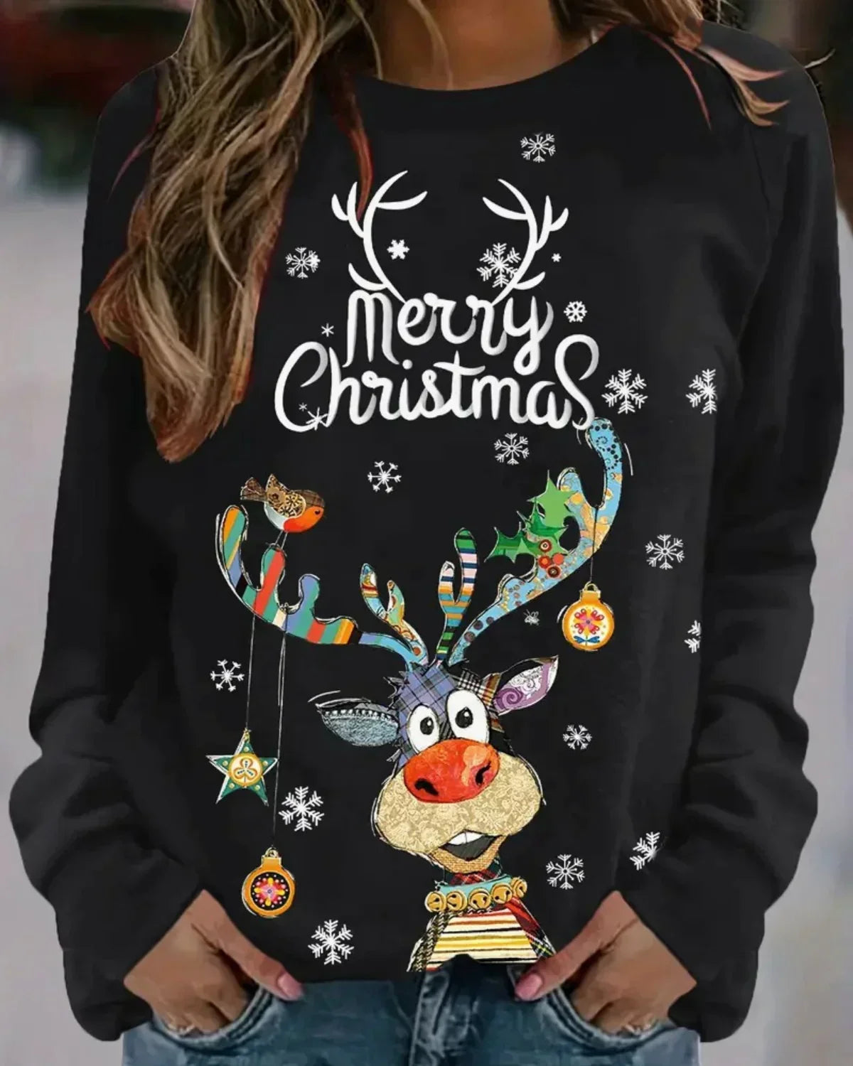 Womens christmas sweater with Merry Christmas slogan, reindeer print and ribbed hem
