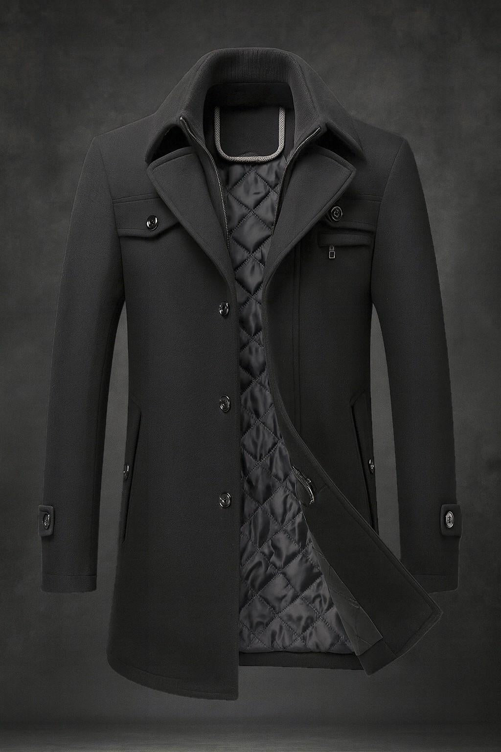 Men's single breasted coat with removable collar layer and quilted lining