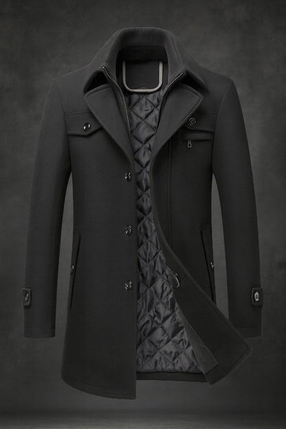 Men's single breasted coat with removable collar layer and quilted lining