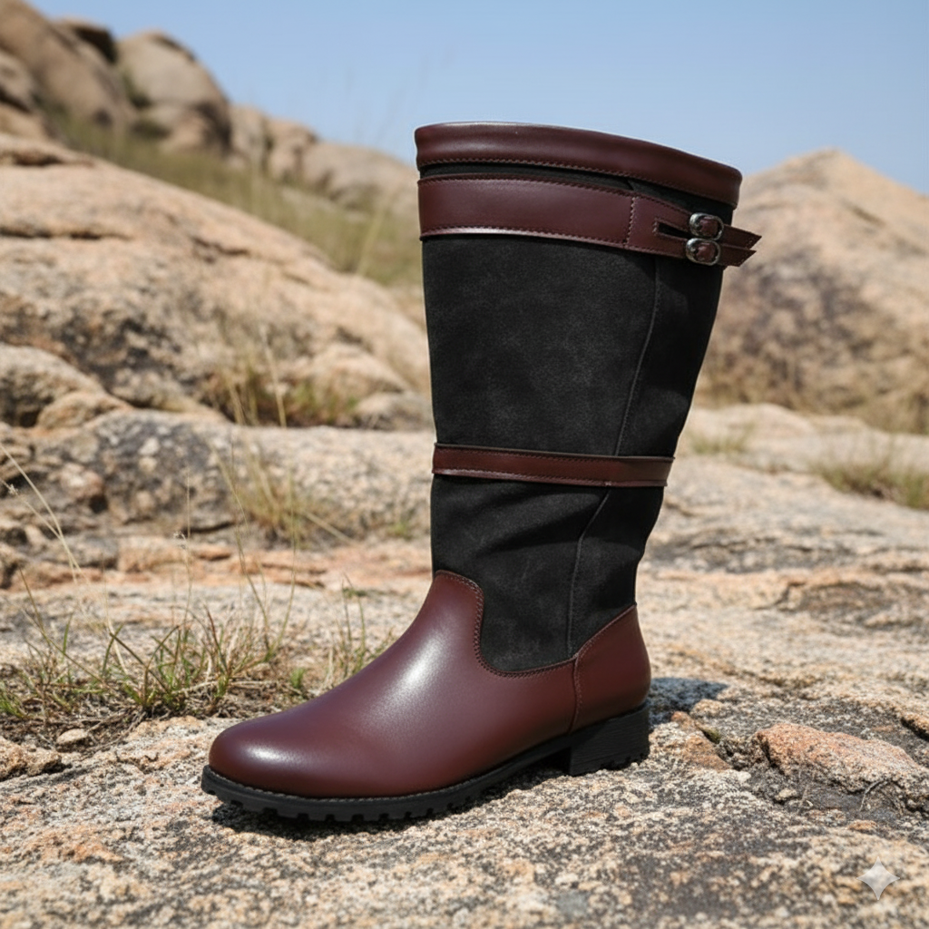 Knee high boots for women with double buckle straps, panelled upper and round toe
