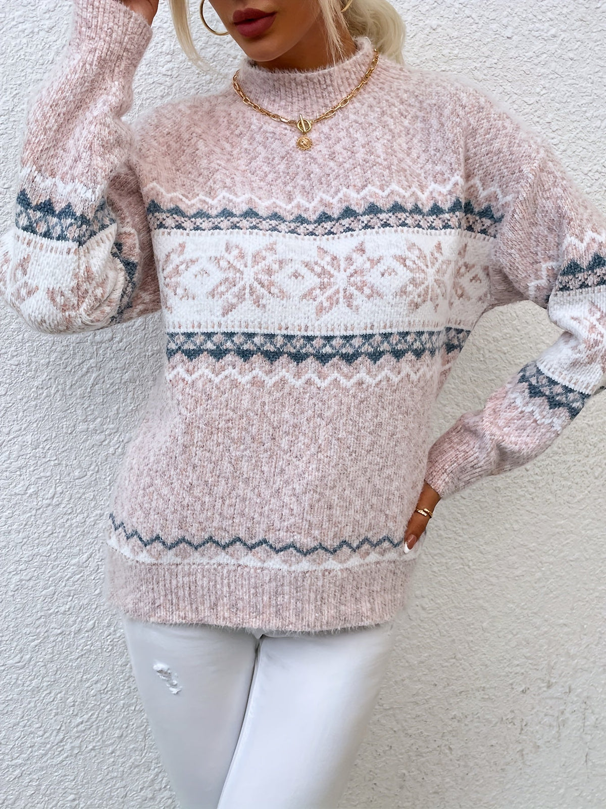Womens Christmas sweater with snowflake pattern and mock neck