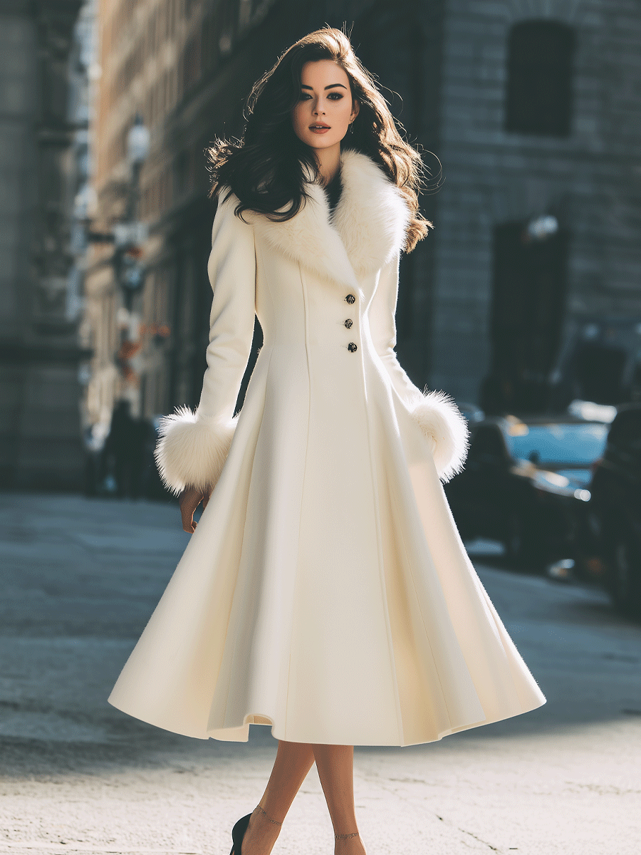 Coat for women with faux fur collar and cuffs, fit and flare