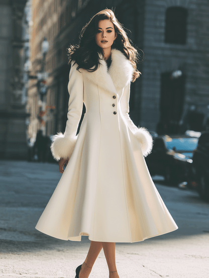 Coat for women with faux fur collar and cuffs, fit and flare