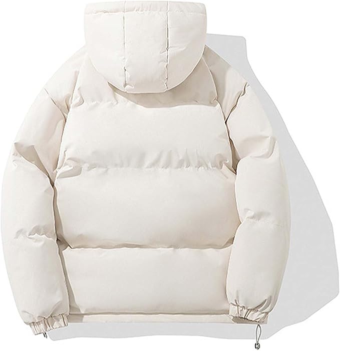 Hooded puffer jacket for women with zip front and elastic cuffs