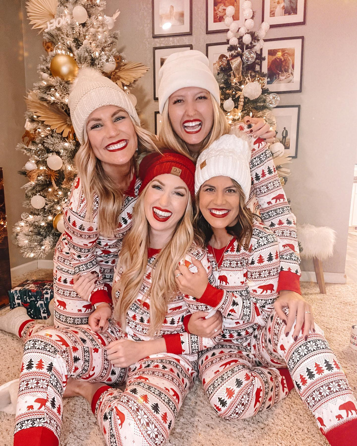 Christmas pajamas matching family set with bear and tree print