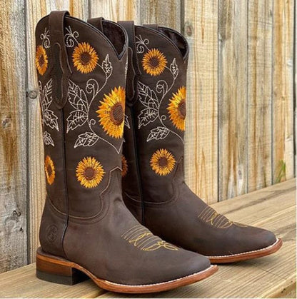 Cowboy boots for women with sunflower embroidery and square toe