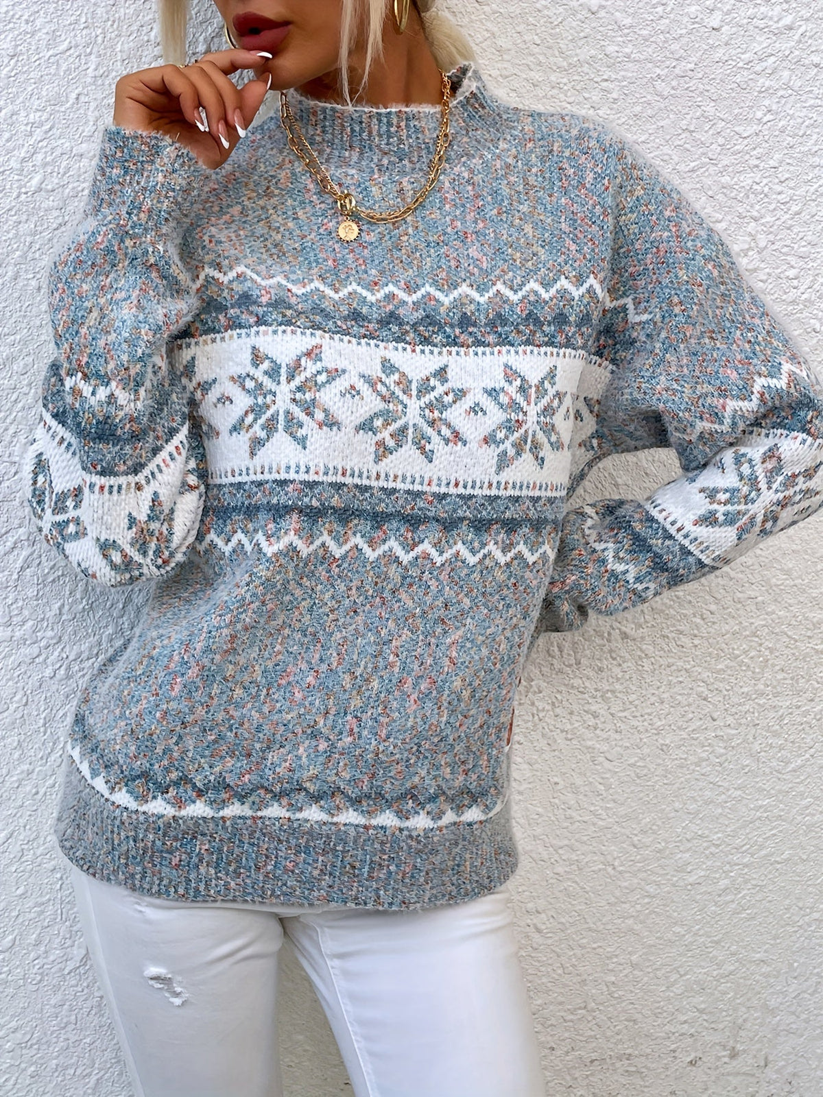 Womens Christmas sweater with snowflake pattern and mock neck