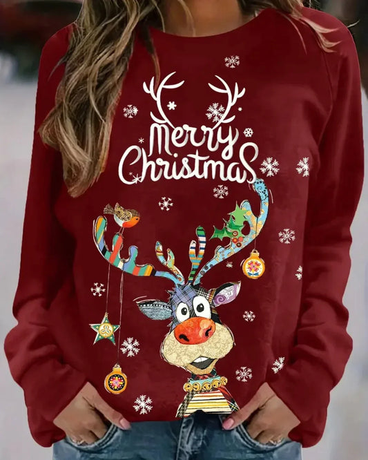 Womens christmas sweater with Merry Christmas slogan, reindeer print and ribbed hem