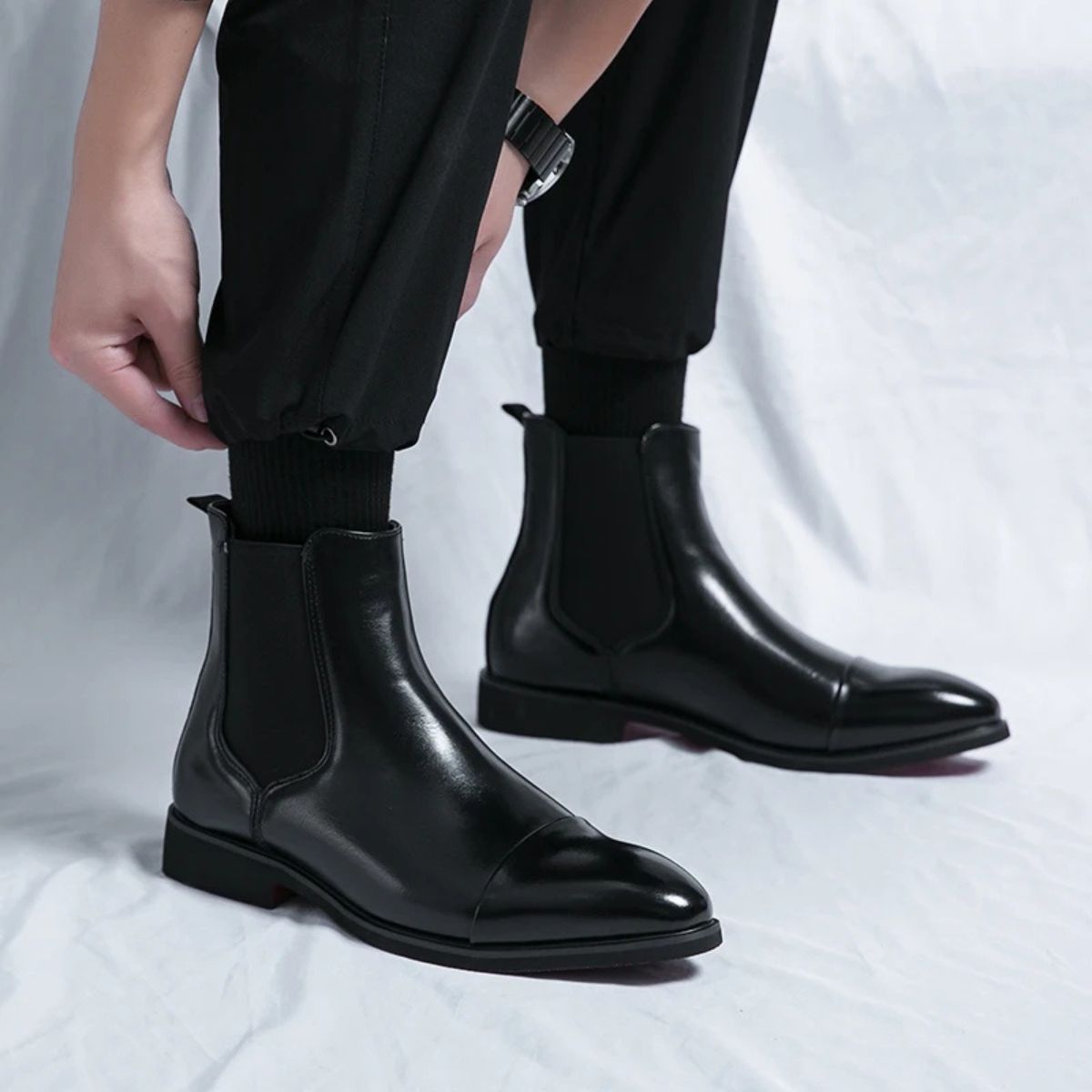 Chelsea boots for men with cap toe and pull tab, slip on ankle boots